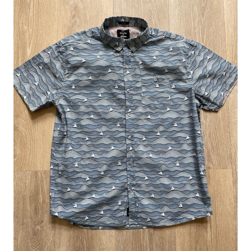 Artistry In Motion Polo Shirt Men XL Blue Ocean Waves Sail Boat Print Button Up